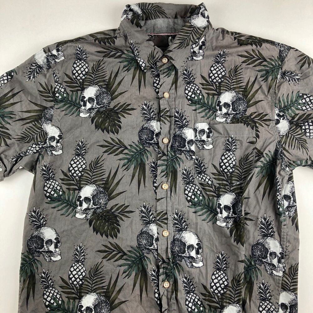 Coastal Mens Large Skull Pineapple Hawaiian Shirt Gray Tropical Button Up